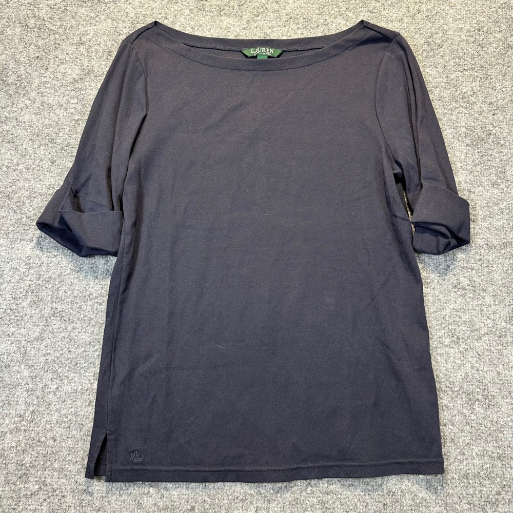 Lauren Ralph Lauren Boat Neck Top Women Large Navy Blue Preppy Classic Cuffed
